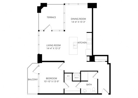 Floor plan for 1 bed, 1 bath, 948 sqft
